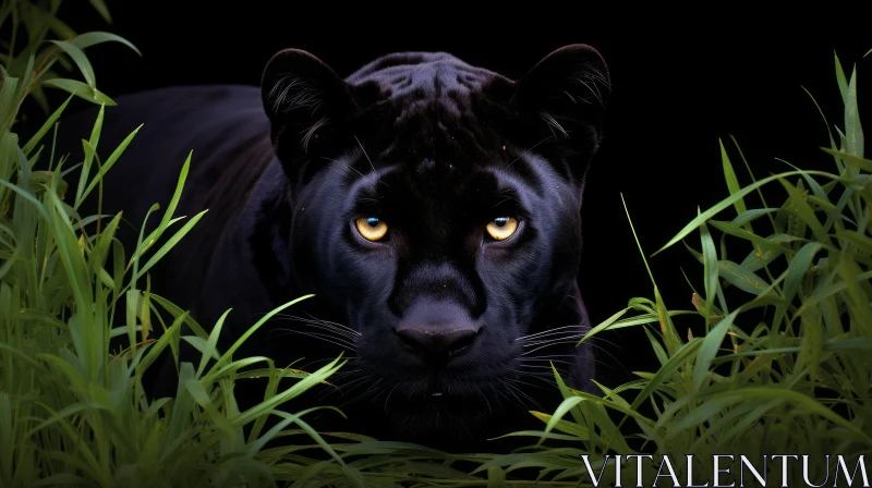 Black Panther Camouflaged in Green Grass AI Image