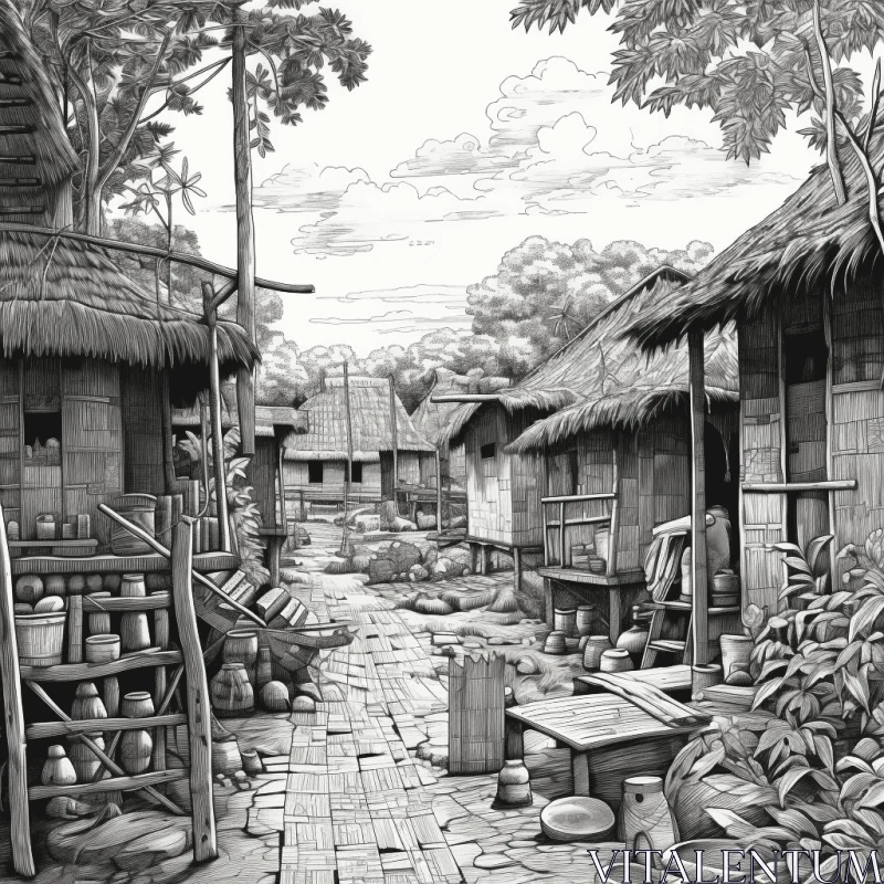 Captivating Ethnic Village Street Sketch | Realistic Thai Art AI Image