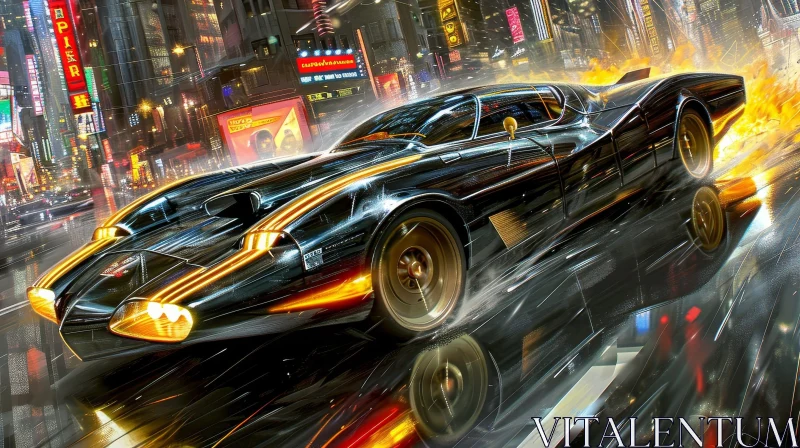 Futuristic Black Car Speeding Through Neon Cityscape AI Image