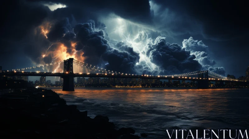 Night Bridge Over River During Thunderstorm AI Image