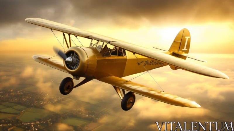 Yellow Biplane Flying Over Rural Landscape AI Image