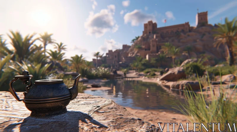 Enigmatic Desert Oasis with Castle and Palm Trees AI Image
