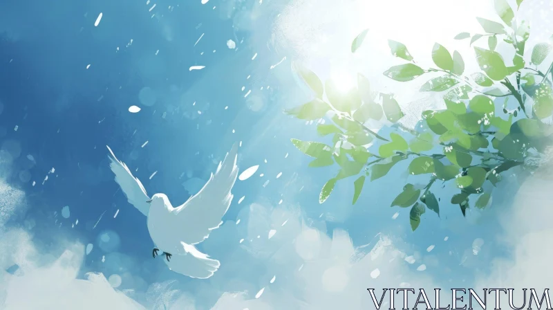 White Dove Watercolor Painting in Blue Sky AI Image