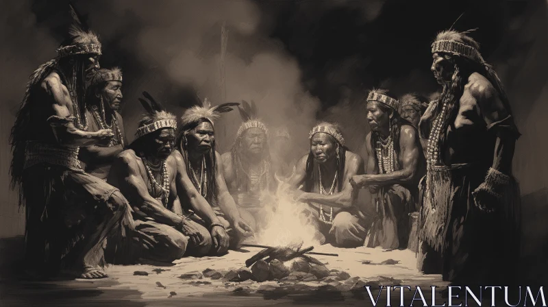 Captivating Black and White Art: Native Americans Around a Campfire AI Image