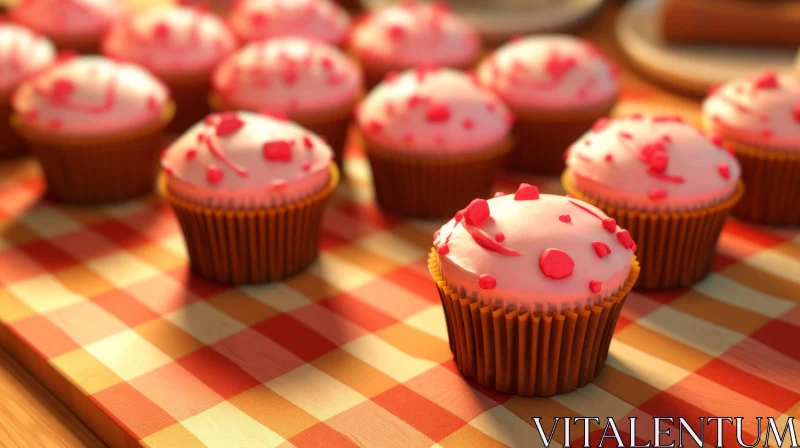 Delicious Cupcake with Pink Frosting and Red Sprinkles on a Checkered Tablecloth AI Image