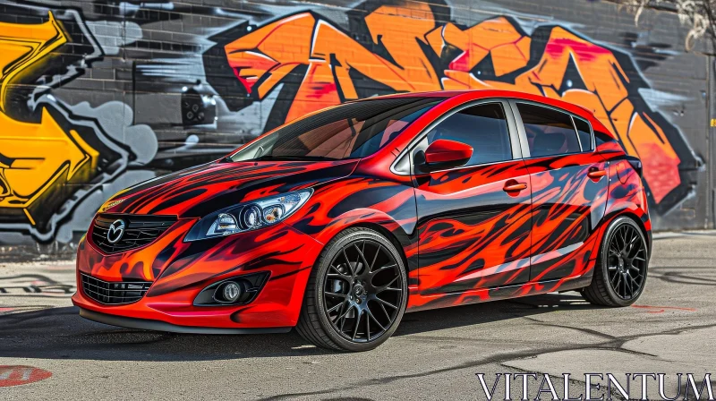 Red and Black Custom Painted Mazda 2 in Front of Graffiti Wall AI Image