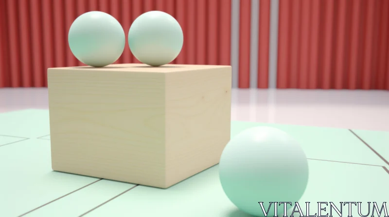 AI ART Minimalistic 3D Rendering with Wooden Cube and Spheres on Green Surface