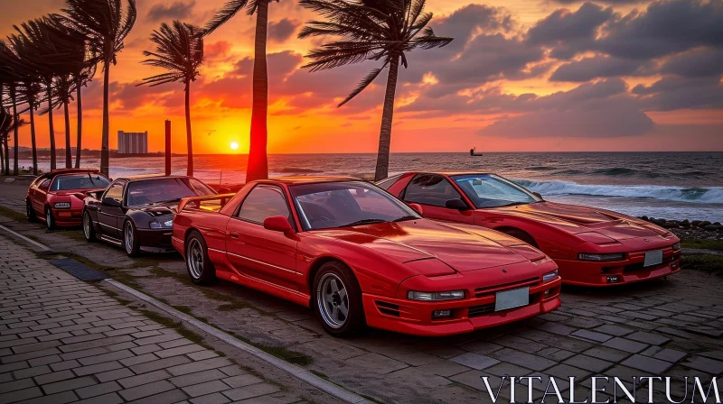 Red Sports Cars at Sunset on Waterfront Promenade AI Image