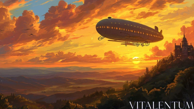 Steampunk Airship Flying Over Valley at Sunset AI Image