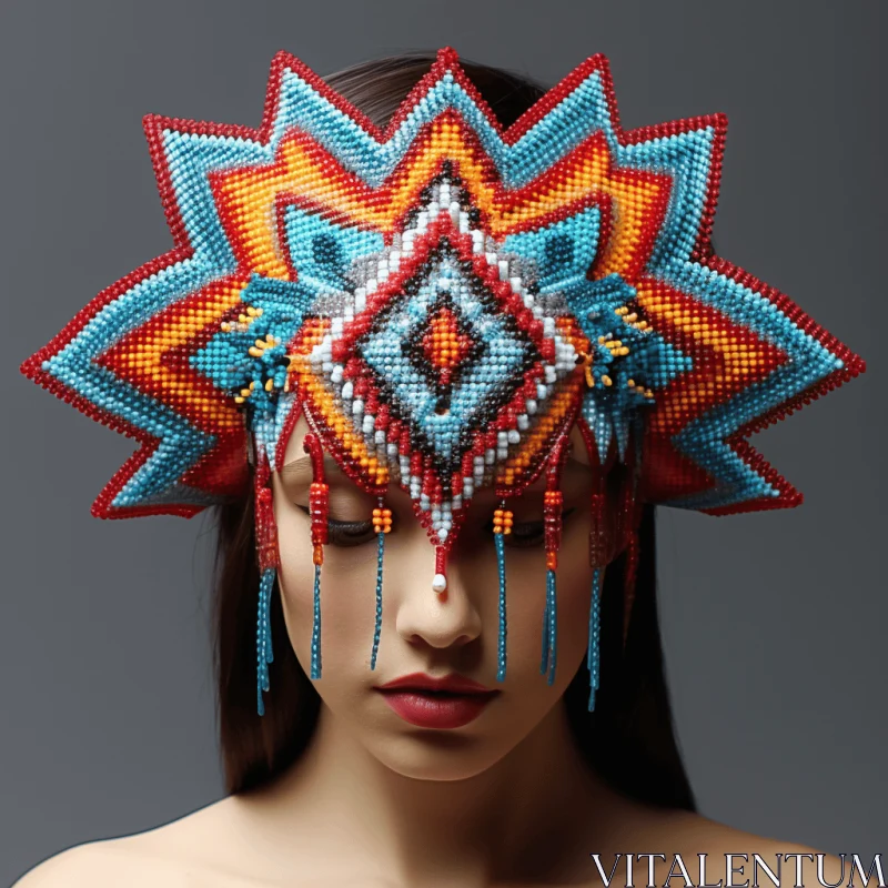 Vibrant Geometric Beaded Headdress: A Fusion of Mexican and American Cultures AI Image