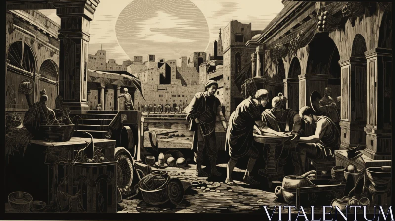 Vintage Print of People in Old Town - Realistic Hyper-Detailed Artwork AI Image