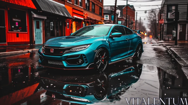 Blue Honda Civic Type R Urban City Street Reflection AI Image