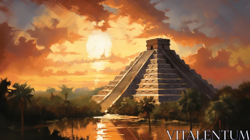 AI ART Mesmerizing Painting of Chichen Itza Pyramids with Romantic Riverscapes