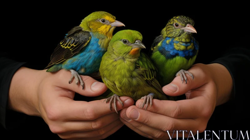 Colorful Birds Perched on Hands - Unique Wildlife Moment AI Image