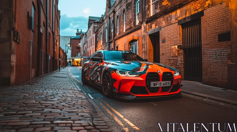 Custom Orange and Black BMW M4 Competition on Cobblestone Street AI Image