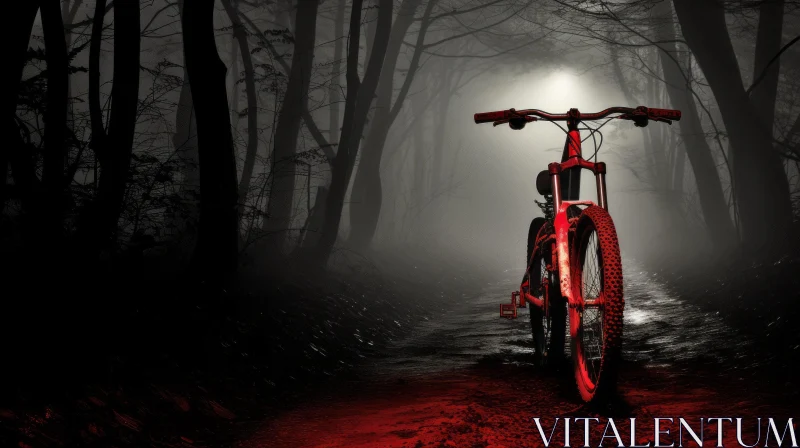 Enigmatic Forest Discovery: Red Mountain Bike in Misty Woods AI Image