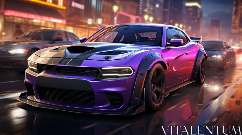 Purple Dodge Charger SRT Hellcat Speeding Down Wet Road AI Image