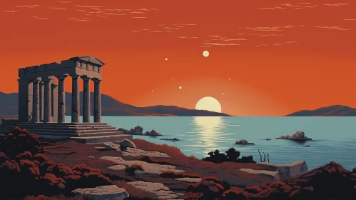 Ruins of Olympus at Sunset: Vintage Poster Design with Serene Seascapes