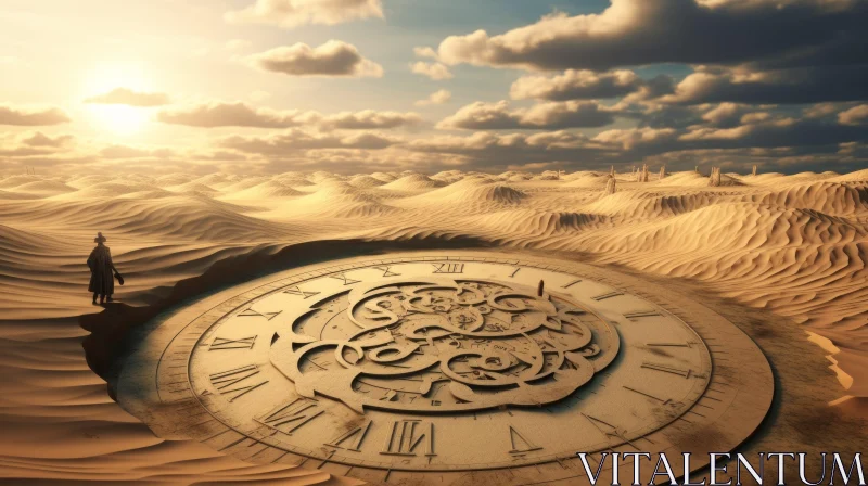 Surreal Desert Landscape with Sand Clock and Roman Numerals AI Image