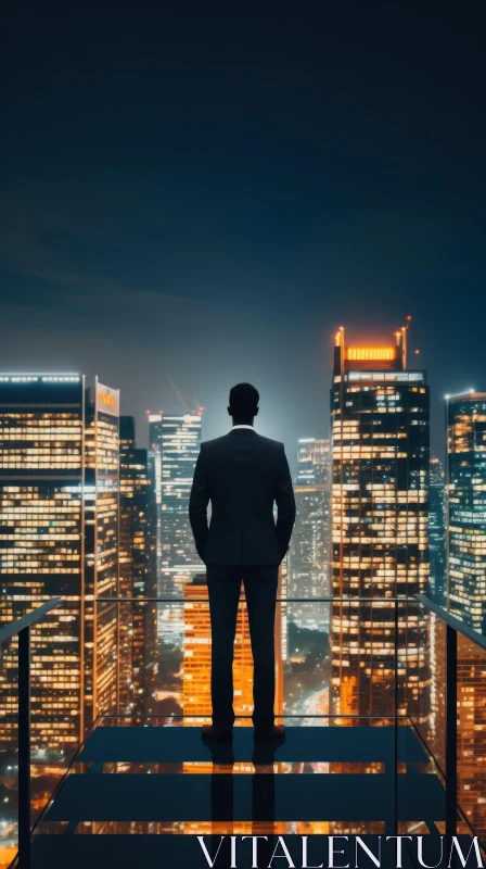 Cityscape Night View with Man on Rooftop AI Image