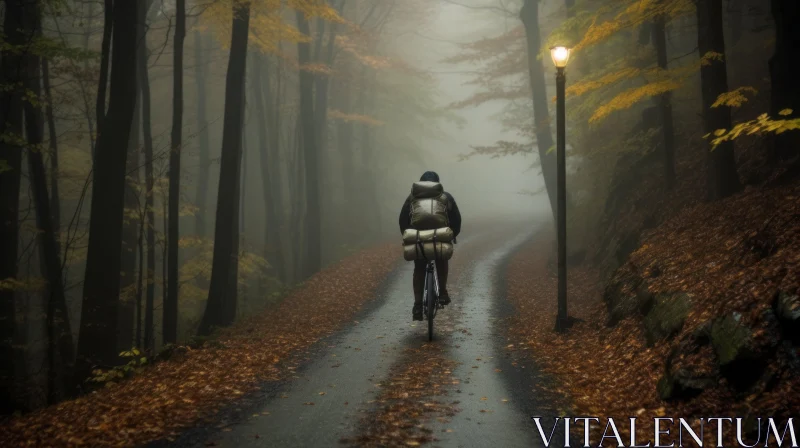 Enigmatic Cyclist Riding in Misty Forest AI Image