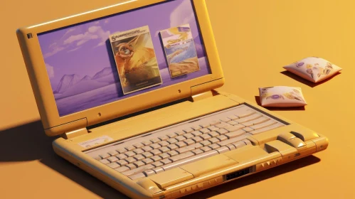 Vintage Yellow Laptop on Vibrant Surface with Captivating Screen Images