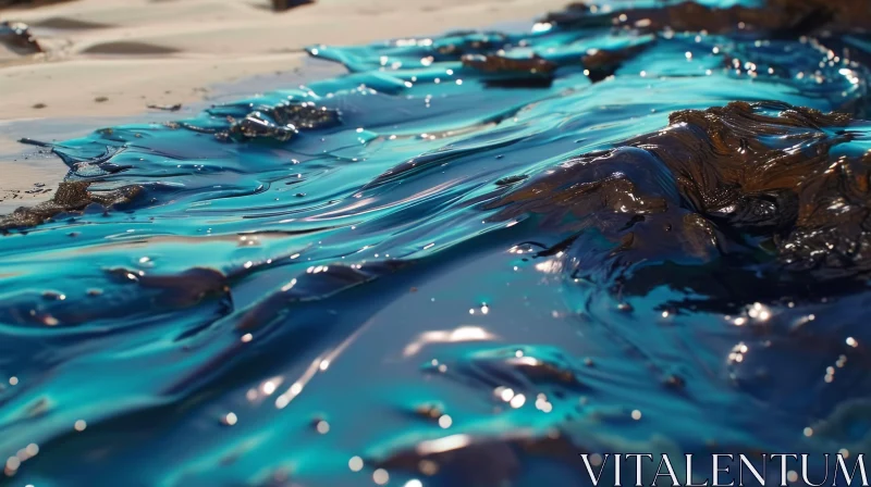 Blue-Green Liquid on Sandy Surface - Abstract Art AI Image