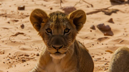 Close-up Lion Cub Sitting in Sand
