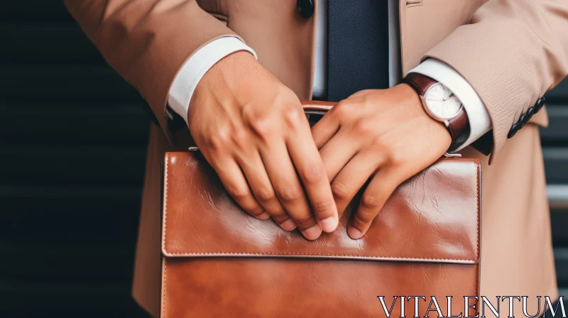 Elegant Businessman Holding Briefcase in Beige Suit AI Image