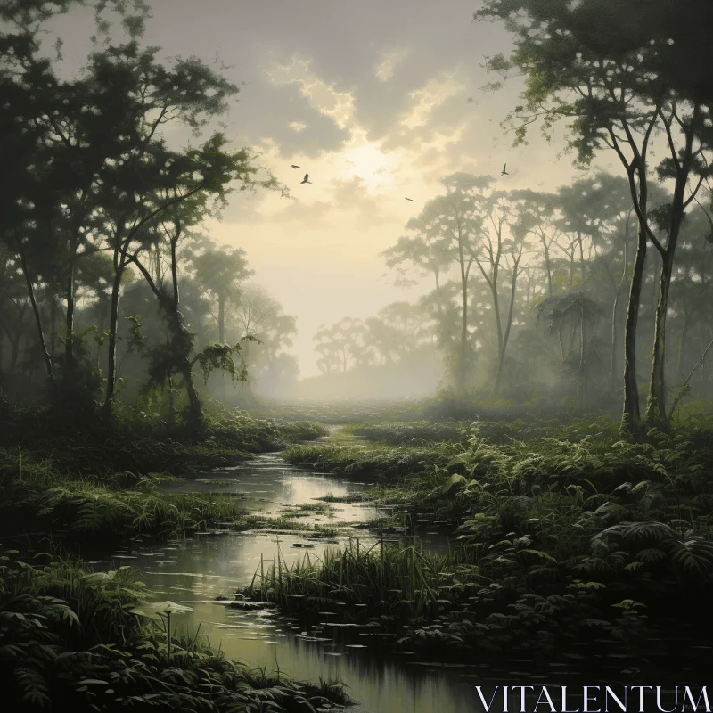 Enchanting Forest Stream Drawing | Misty Atmosphere | Detailed Wildlife AI Image