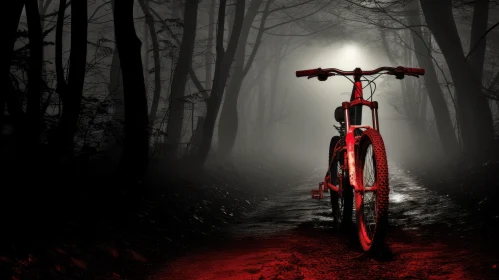 Enigmatic Forest Discovery: Red Mountain Bike in Misty Woods