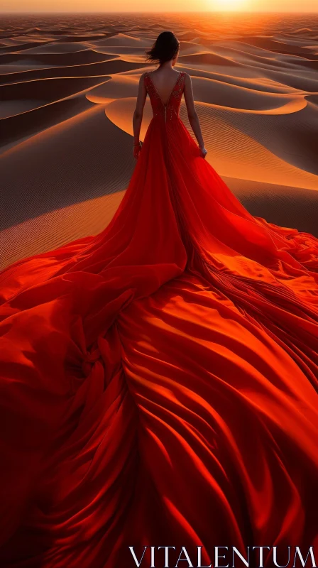 Red Dress Woman in Desert at Sunset AI Image