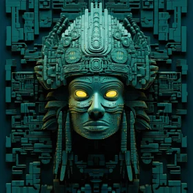 Ancient Aztec Face in Voxel Art: Mechanized Forms, Hyper-Realistic Sci-Fi