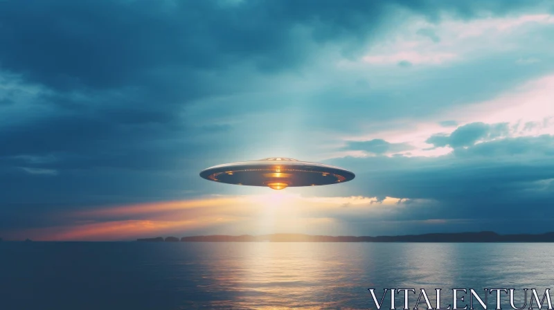 Mysterious Metallic Flying Saucer Over Calm Sea AI Image