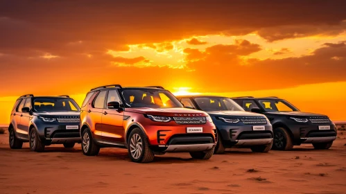 Land Rover Discovery SUVs in Desert Sunset