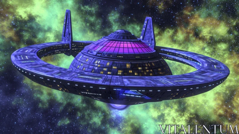 Ring-shaped Spaceship Floating in Space with Purple Elements AI Image