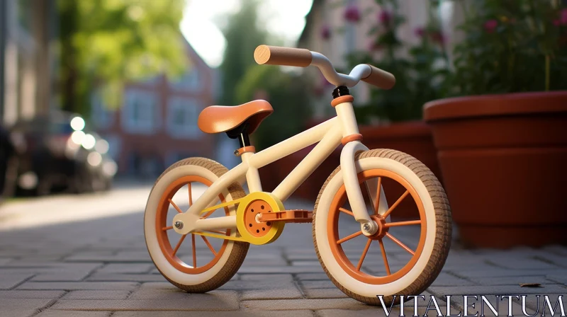 Child's White and Orange Balance Bike on Sidewalk AI Image