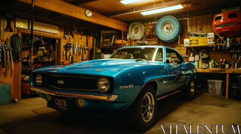 Classic Blue Chevrolet Camaro SS Muscle Car in Garage AI Image