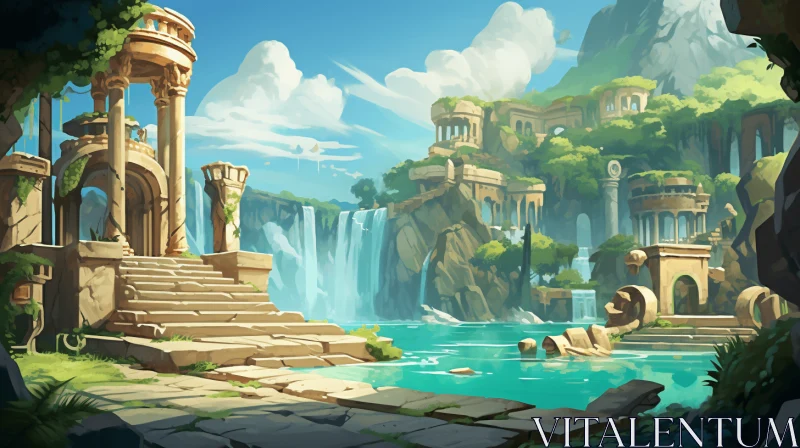 Enchanting Fantasy City with Fountain and Waterfall | Grandiose Ruins AI Image