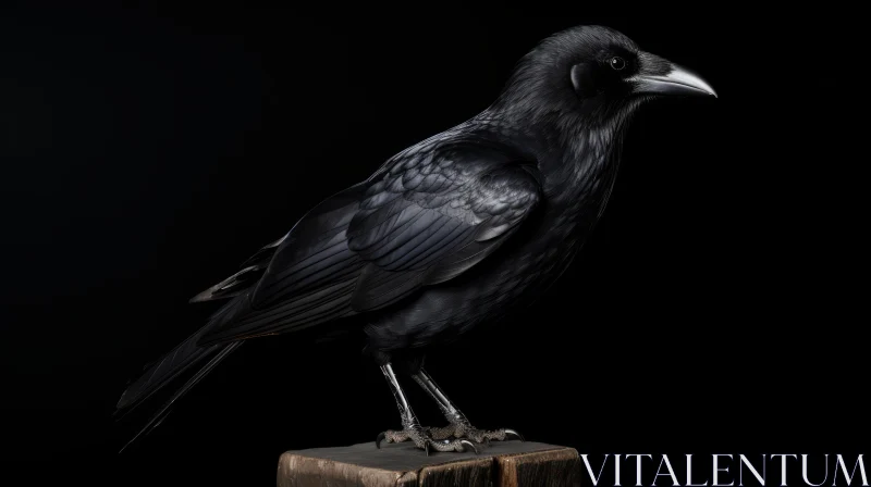 Black Raven Perched on Wooden Block AI Image