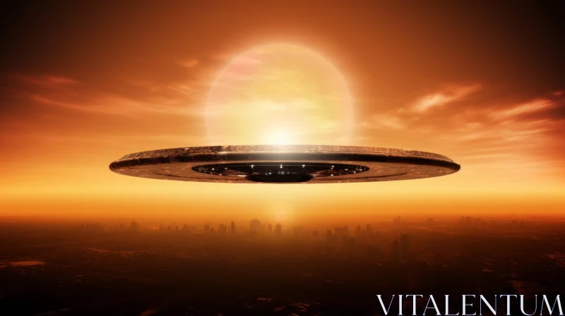 Metallic Flying Saucer Over City - Sci-Fi Art AI Image