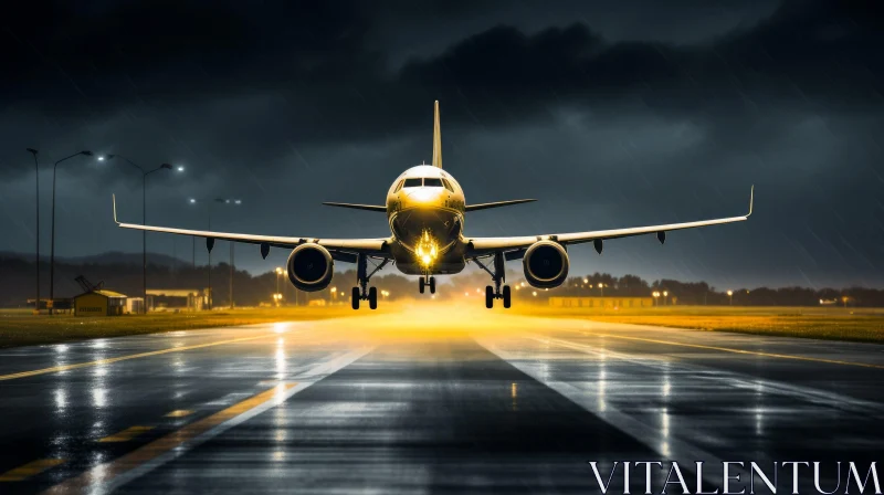 Nighttime Landing: Powerful Passenger Plane on Rainy Runway AI Image