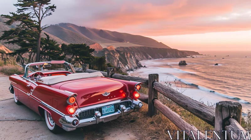 AI ART Red Vintage Car on Cliffside Overlooking Ocean