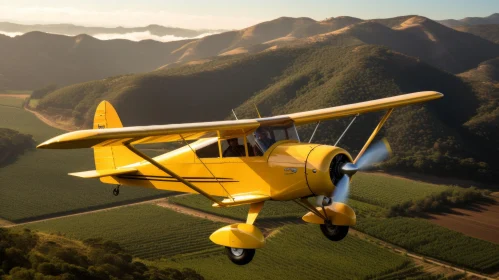 Yellow Airplane Flying Over Green Valley - Aerial View