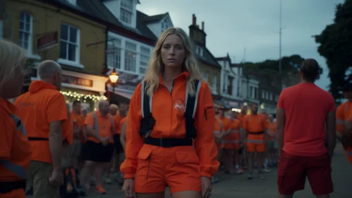 Young Woman in Orange Jumpsuit with Group of People