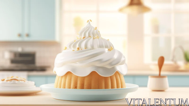 Delicious 3D Vanilla Cupcake with White Frosting on Blue Plate AI Image