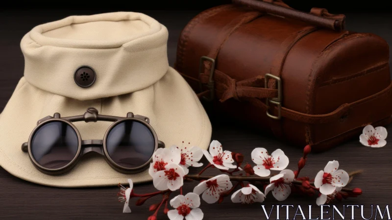 AI ART Elegant Still Life with Pith Helmet, Leather Case, Cherry Blossoms