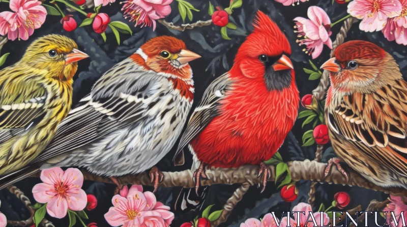Four Birds on Branch with Pink Flowers - Realistic Painting AI Image
