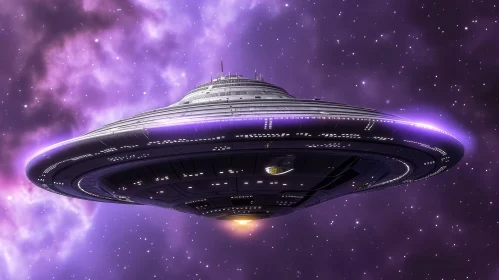 Gray Flying Saucer Spaceship in Purple Nebula