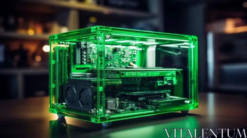 Green Transparent Computer Case with Motherboard and Graphics Card AI Image